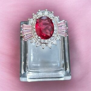 Elegant Pink and Red Halo Cocktail Ring